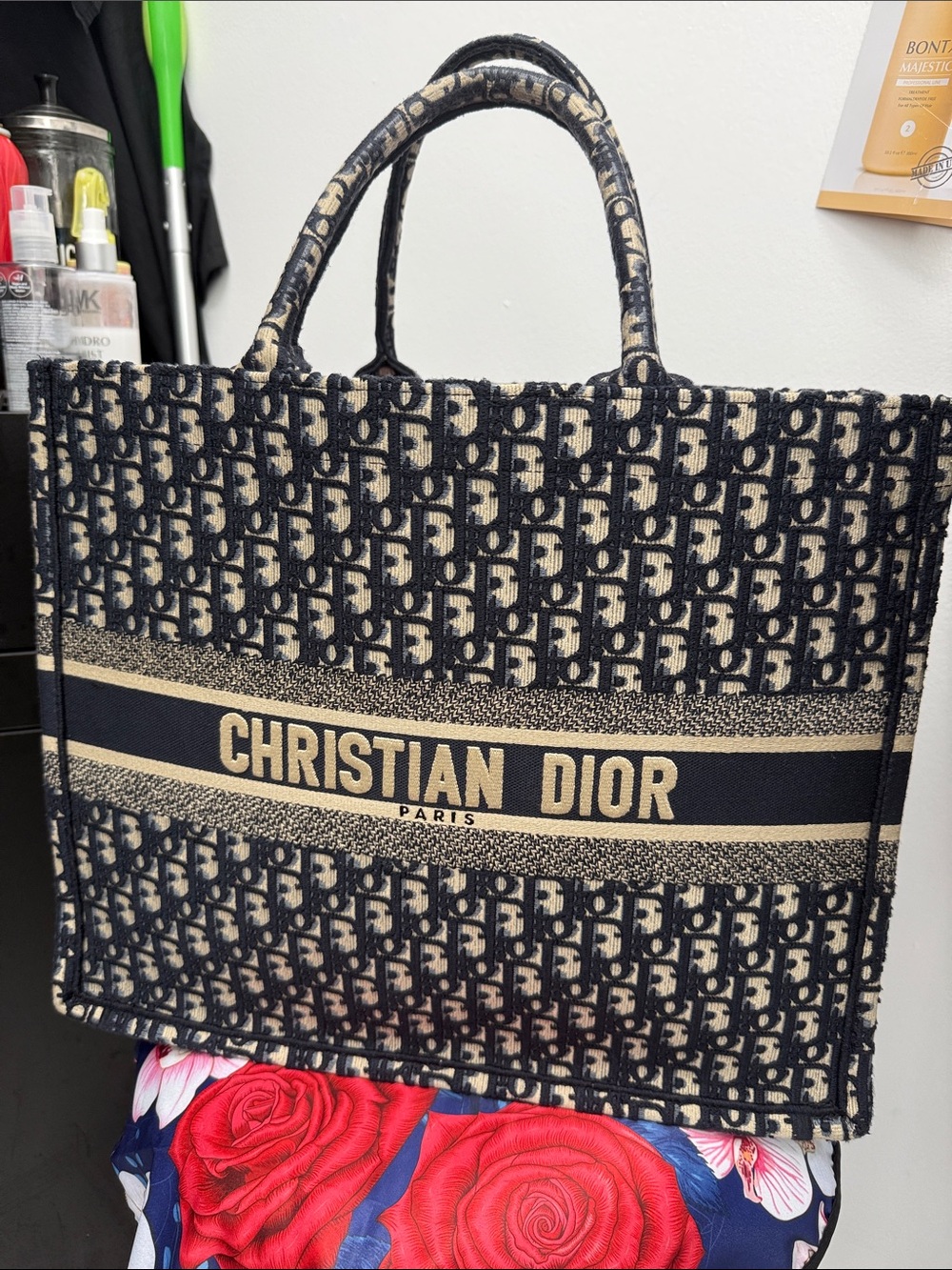 Dior Navy and Beige Jacquard Tote with Gold Logo